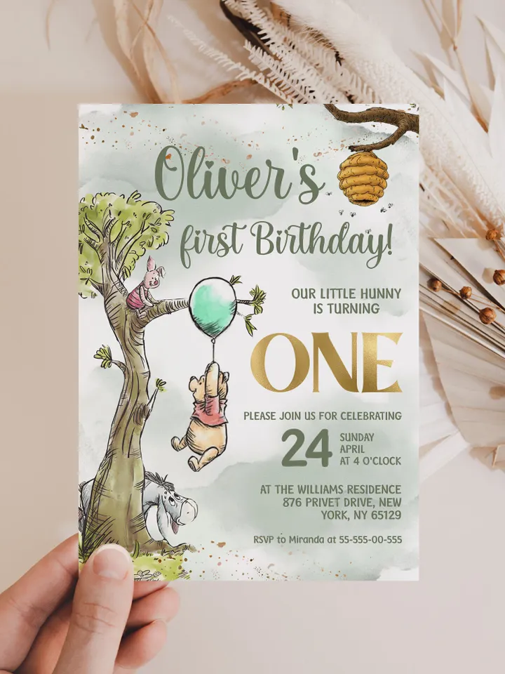 Classic Winnie Pooh Baby Birthday Invitation; Winnie Pooh Baby Birthday ; Greenery Baby Birthday; Honey Bear Birthday; Winnie Pooh wp2