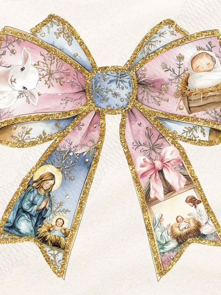 Jesus Christmas Coquette Bow Png, Christian Christmas Png, Nativity Scene Png, Baby Jesus Png, Bible Verse Png, Glitter, Pink Christmas Png
