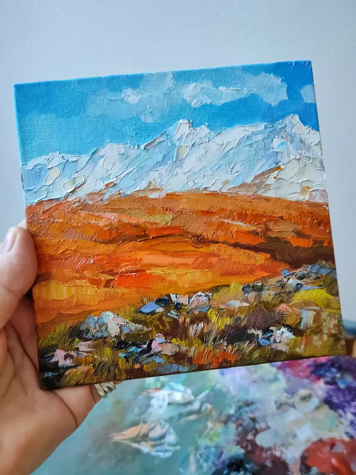 Painting Landscape Autumn Mountains Canvas on Cardboard Oil Wall Art Impasto Painting on Canvas 6 by 6 inches Original Painting by Natalia