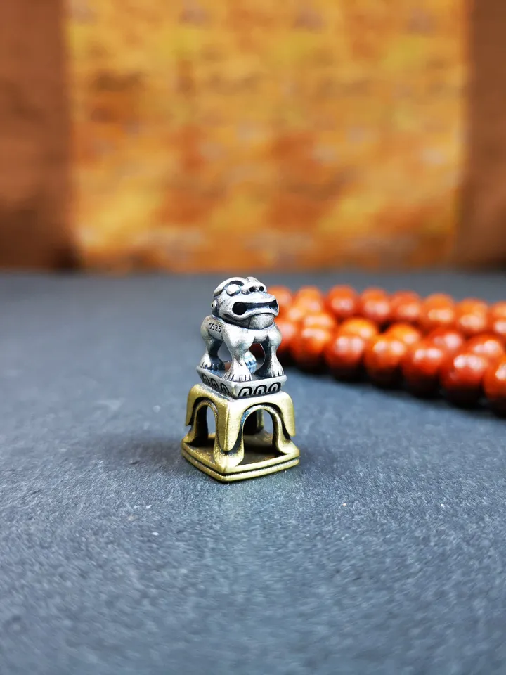 Gandhanra Tibetan Buddhism Seal Amulet,Snow Lion Shape with Kalachakra Symbol,Handmade of Silver and Brass, 0.9&quot;