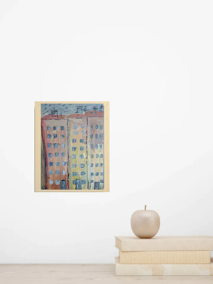 Oil painting City high rises tall buildings street original art handmade cardboard 10x7 inches