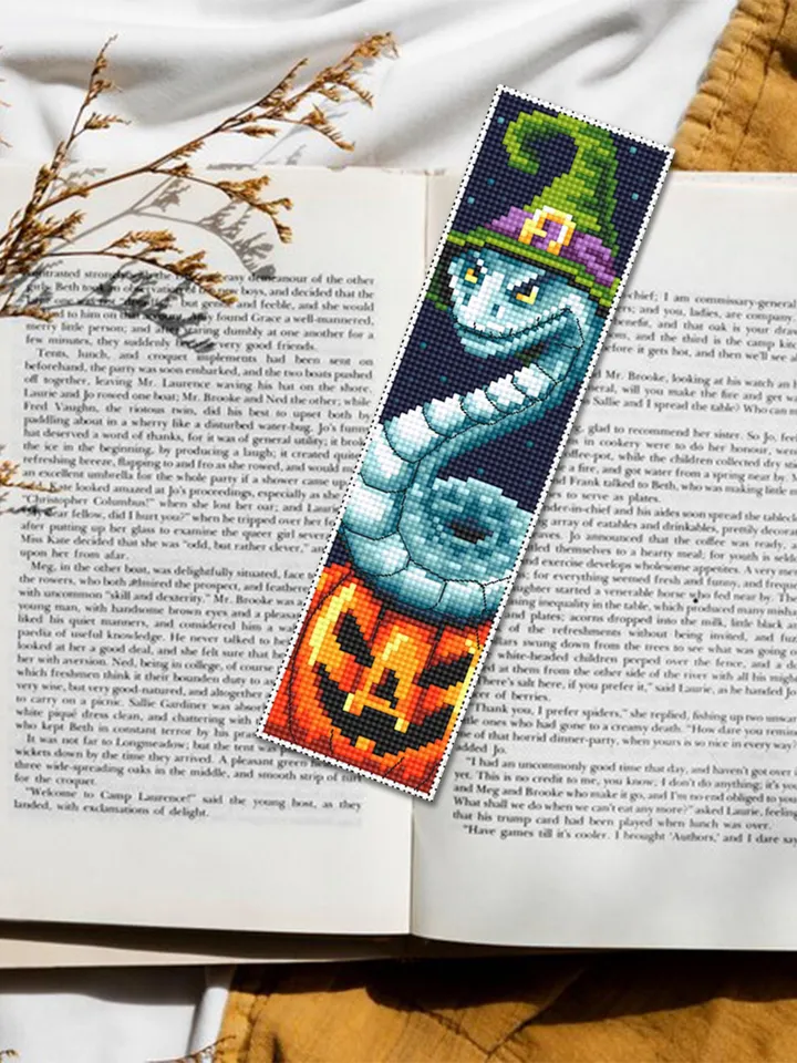 Halloween bookmark cross stitch pattern PDF download Snake witch cross stitch chart, Spooky bookmark pattern digital PDF, Pumpkin #B361