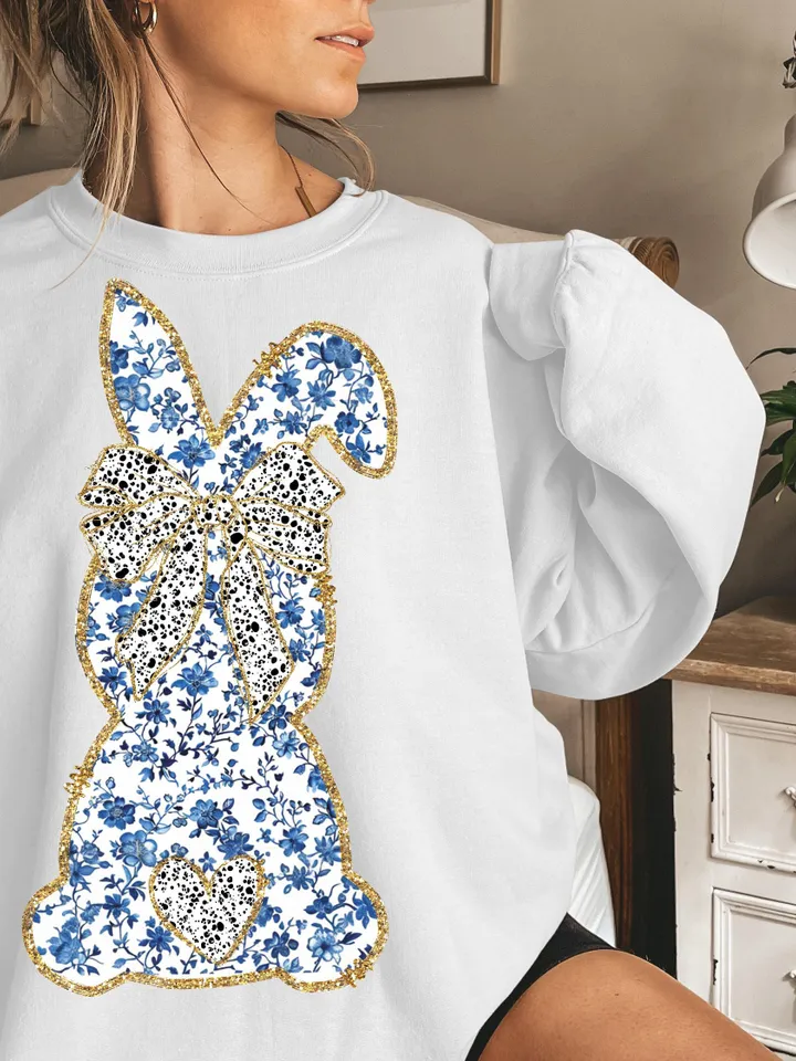Glitter Easter Bunny Coquette PNG | Easter Day Png | Happy Easter Png, Grand Millennial Easter, Chinoiserie Bunny Blue Floral, Trendy Easter