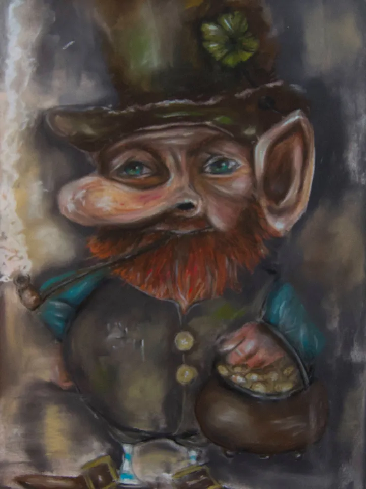 Leprechaun with a pot of gold,original soft pastel painting,irish leprechaun painting, irish gnome painting,saint Patrick day gift.