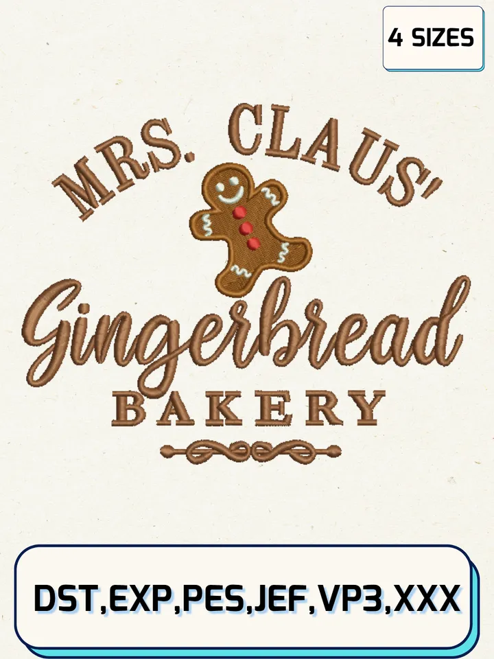 Mrs Claus Gingerbread Bakery Embroidery Design,Christmas Embroidery Designs,Machine Embroidery Files,Gingerberad Embroidery Design,4 Sizes