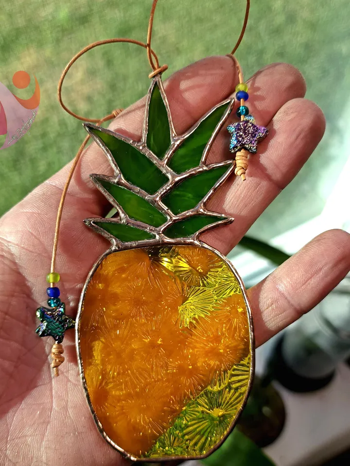 Pineapple Stained Glass Car Charm Suncatcher Rear View Mirror Accessory Fun Golf Cart Gift for Swingers