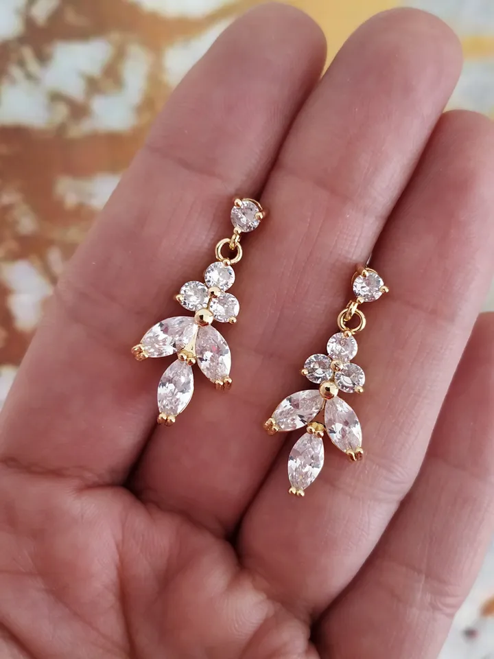 Bridal Necklace Set, Gold Diamond Wedding Earrings, CZ Bridal Earrings, Vintage Style Rose Gold Bridal Jewelry, Art Deco Bridal Earrings,