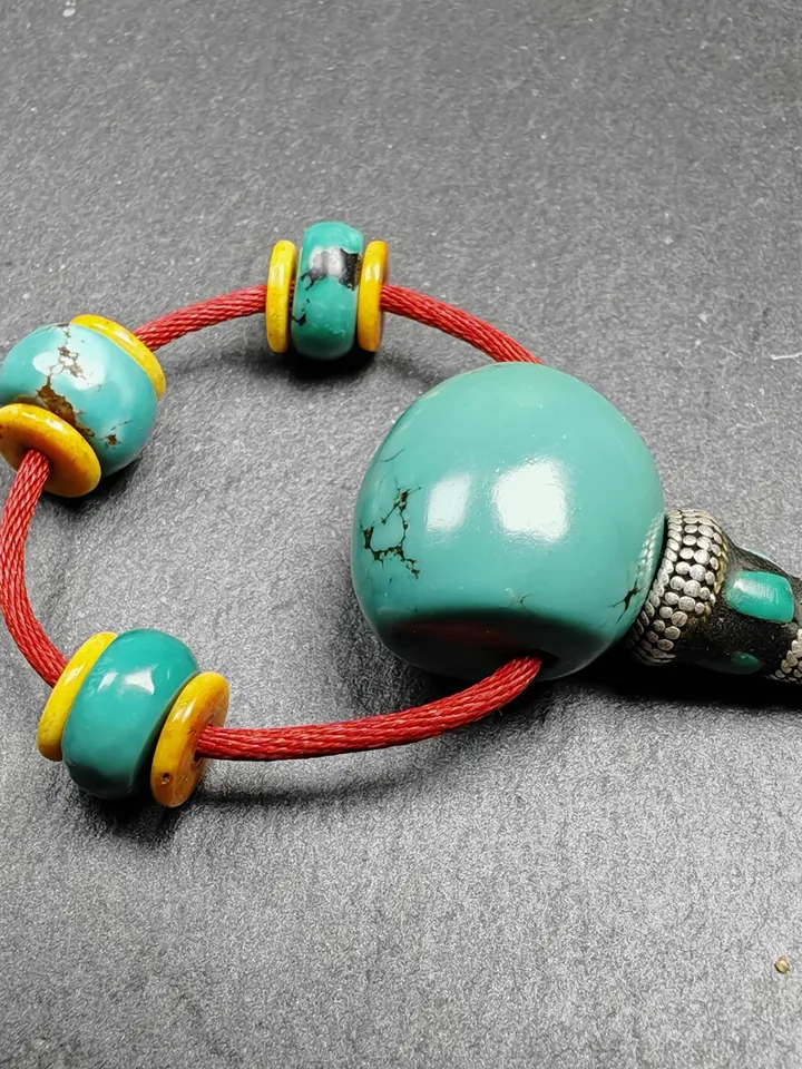 Authentic Tibetan Turquoise Guru Bead + Spacer Beads Set,High Level Mala Beads,Connector Bead for Prayer Bead Accessories