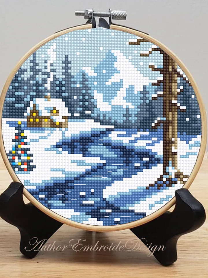 Winter landscape cross stitch pattern PDF download Winter nature cross stitch chart, Christmas pattern digital, Winter house in forest #N168