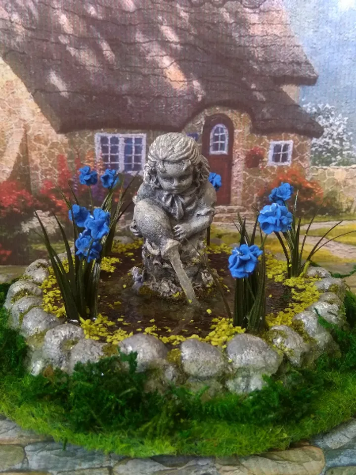 Pond for a doll's garden. 1:12. Handmade pond. Pond with irises and a statue in the middle.