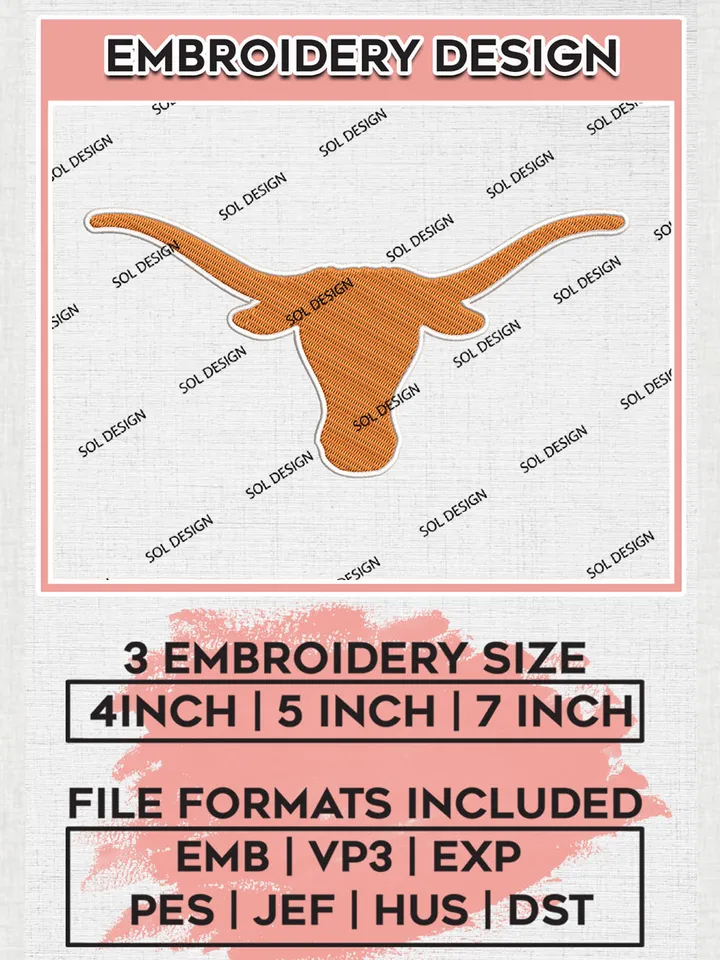 Texas Longhorns Logo Machine Embroidery Design, NCAA Texas Longhorns Embroidery Design Design files, NCAA Embroidery Designs, NCAA Machine Embroidery Designs, Digital Download