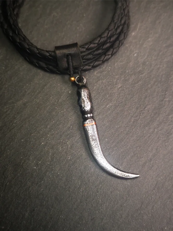 Gandhanra Handmade Tibetan Amulet ,Skull Wolf Tooth Pendant with Leather Cord,Made of Cold Iron inlaid Copper,2.16"