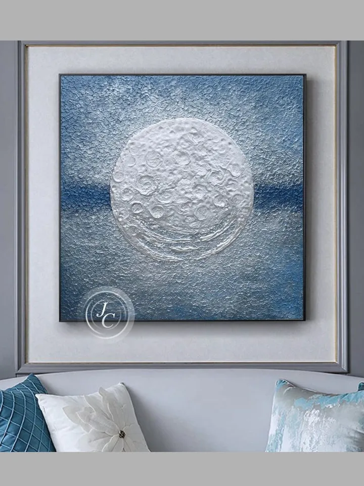 Silver Moon Painting Blue and Silver Abstract Wall Art | Full Moon Textured artwork Modern Original art