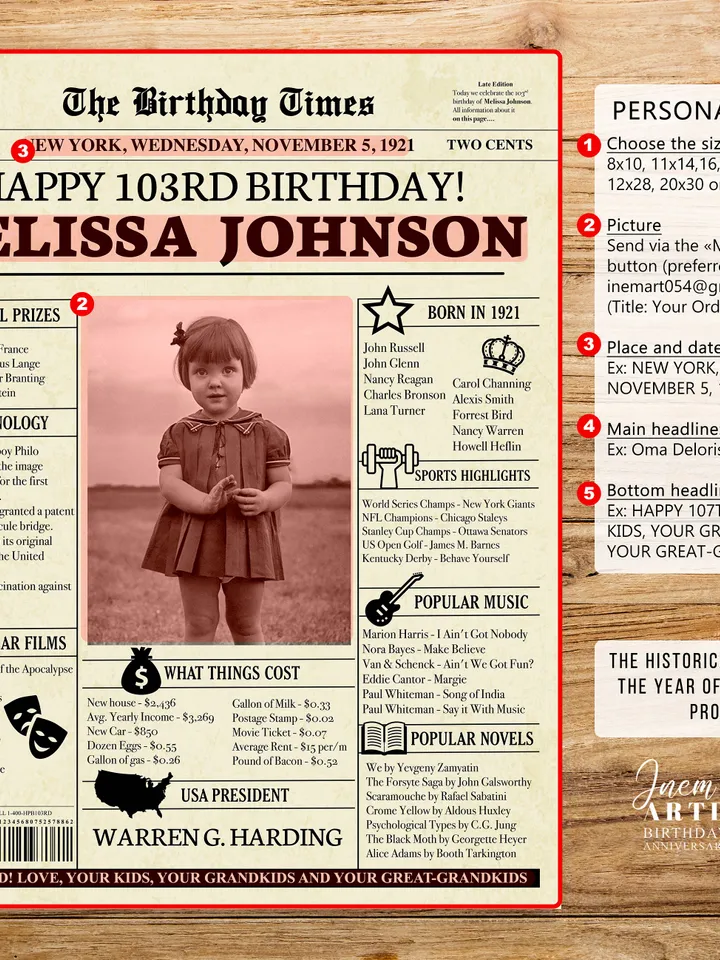 103rd birthday, 103rd birthday newspaper poster sign, custom gift for grandma, gift for grandma from granddaughter, unique gift for grandma