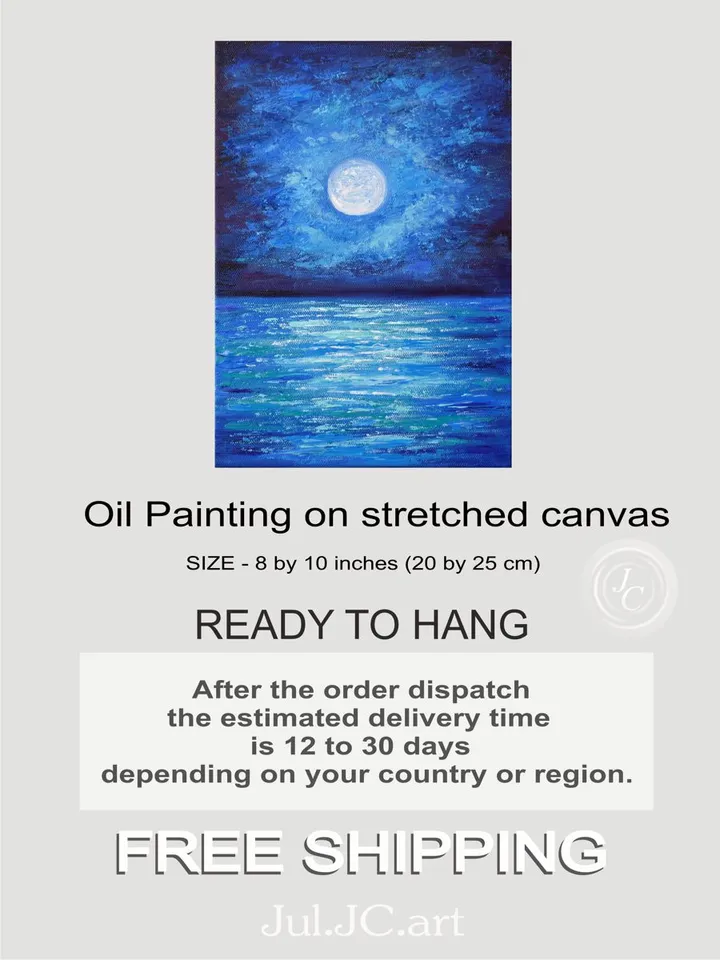 Seascape painting Moonlit night art original oil painting Full moon Night ocean artwork 12 by 8.3 inch by Juliya JC