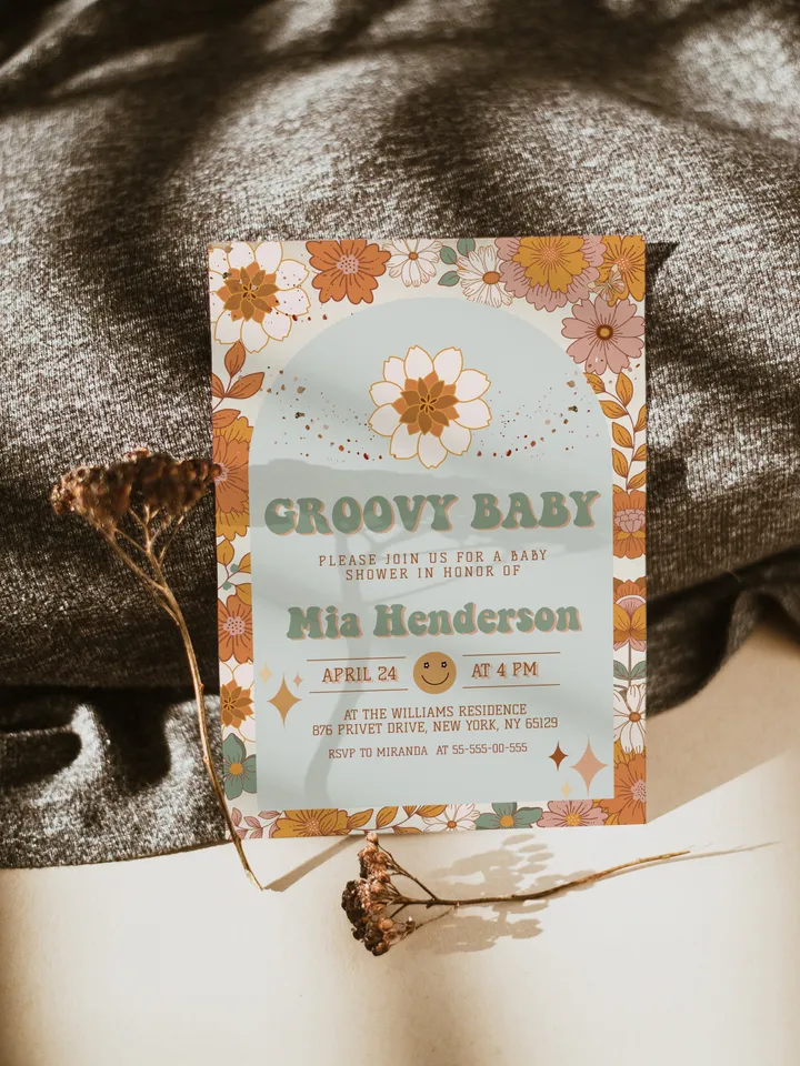 Groovy Baby Shower Invitation; Neutral Boho Groovy Baby Shower Template; Retro 70 80 Baby Shower Invite; Daisy Hippie Bohemian Cutie Retro
