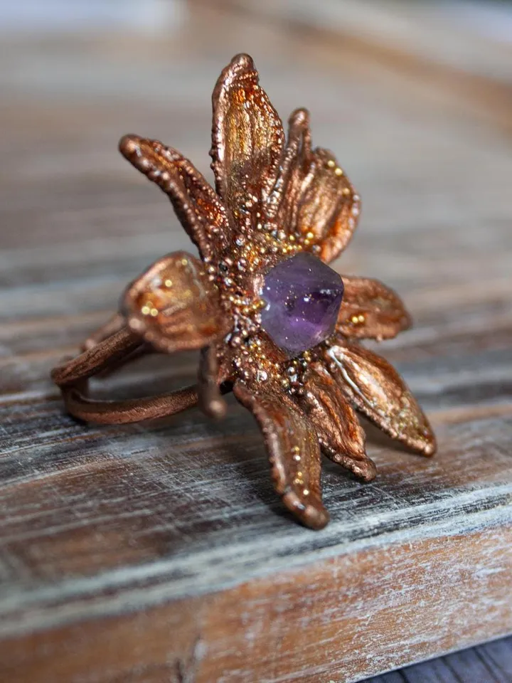 Unique handmade electroformed ring with amethyst