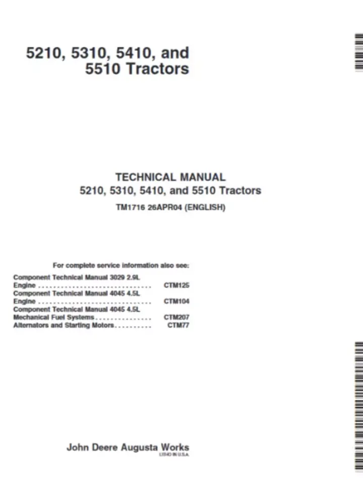 John Deere 5210 5310 5410 5510 Tractor Technical Repair Manual TM1716