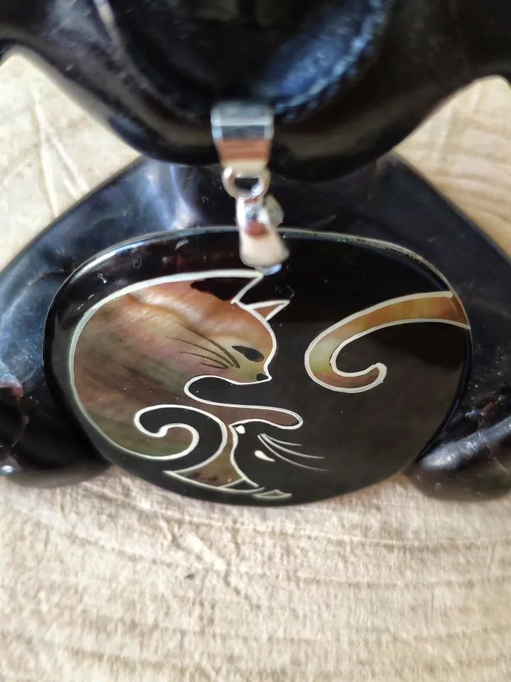 Pearl pendant necklace: Yin & Yang of black and white cat • Elegant symbolism on pendant for evening dress • Aesthetic gift for cat lover