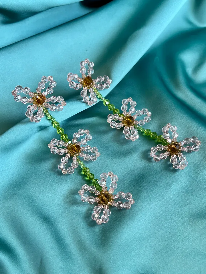 Floral Motif Crystal Drop Earrings
