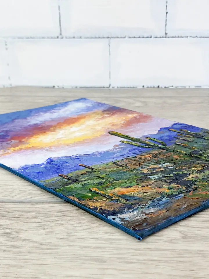 Desert landscape Acrylic painting Sunset sky art Arizona painting Saguaro cactus art Impasto painting