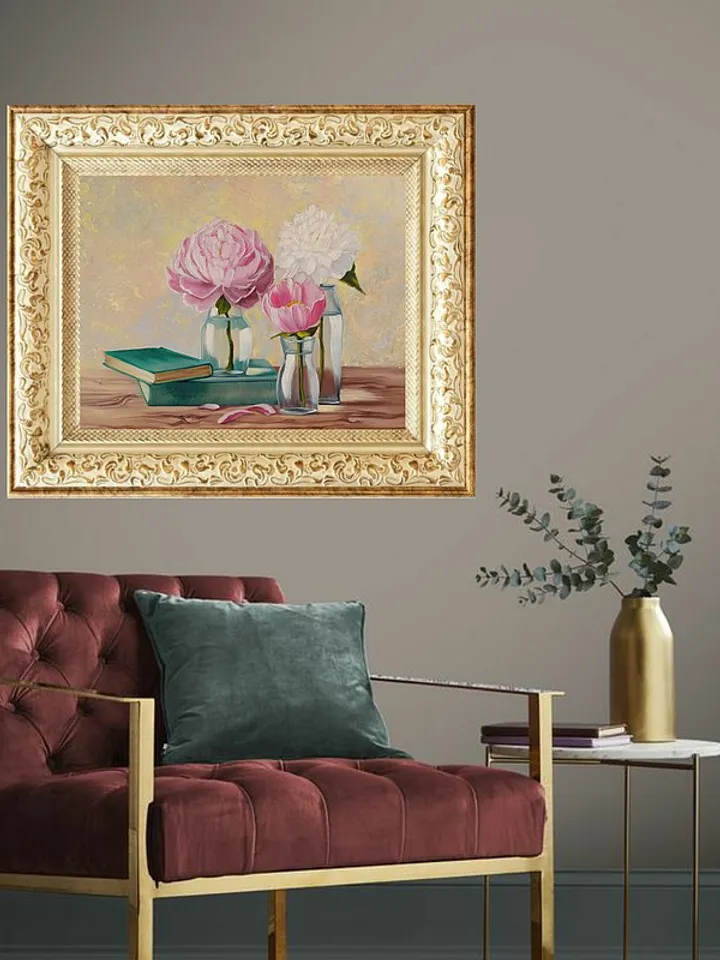 Books Painting Peony Original Art Flowers in Vase Still Life Art Oil Painting