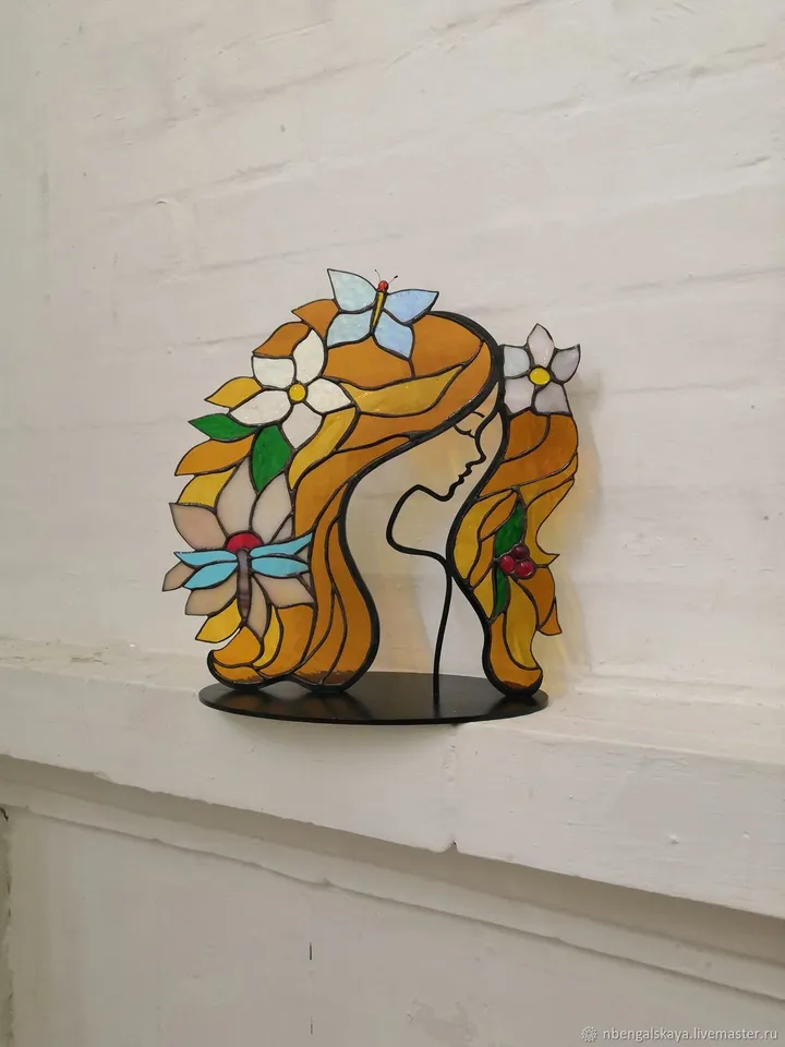 Girl with a Magical World, Stained Glass on Stand "Girl with a Magical World", Stained Glass with the Girl and Her Enchanted World, Stained Glass "The Girl and Her Magical Fantasy", Stained Glass Featuring the Girl's Wonderland, Stained Glass Depicting a