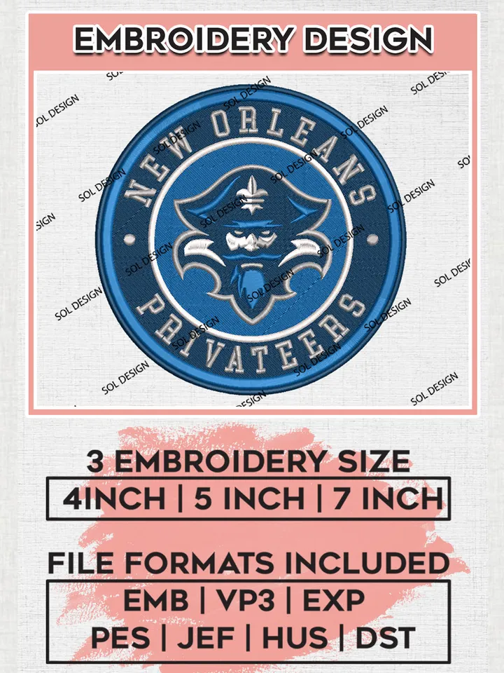 NCAA New Orleans Privateers Round Logo Embroidery, NCAA New Orleans Privateers Logo Embroidery files, NCAA Teams, Machine embroidery designs, Digital Download