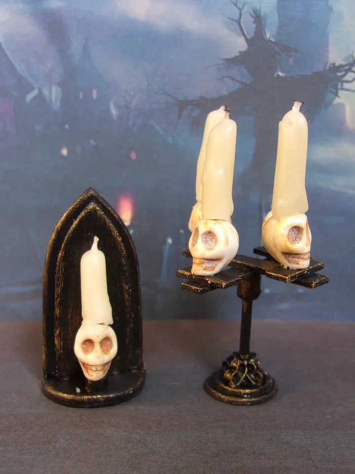 Gothic candlesticks for stylized dollhouse. 1:12. Dollhouse miniature. handmade. Candlesticks with skulls.