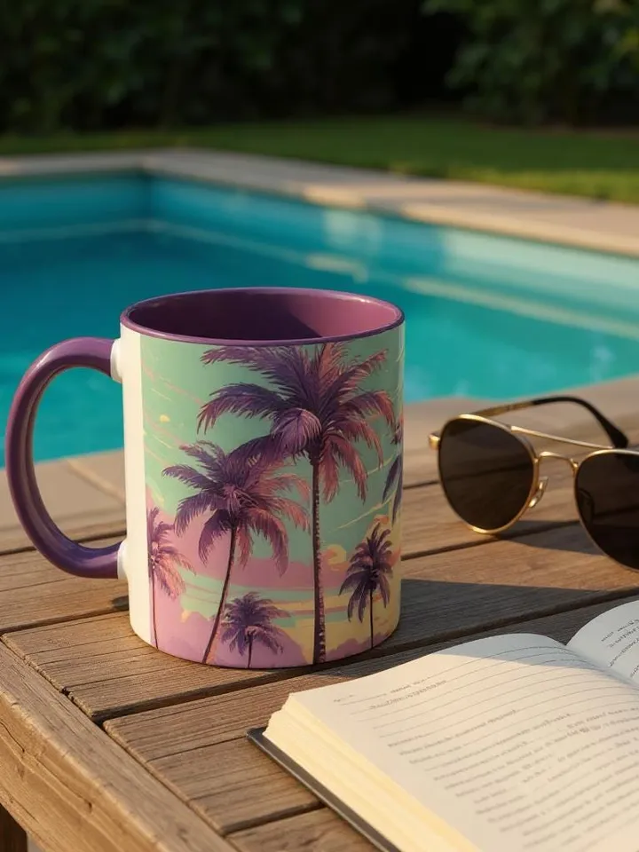 Retro Palm Tree Sunset Mug with 70s Aesthetic Coastal Vibes, Summer Pastel Boho Coffee Cup, Beach Lover Gift Idea, Home Decor, Gift For Her