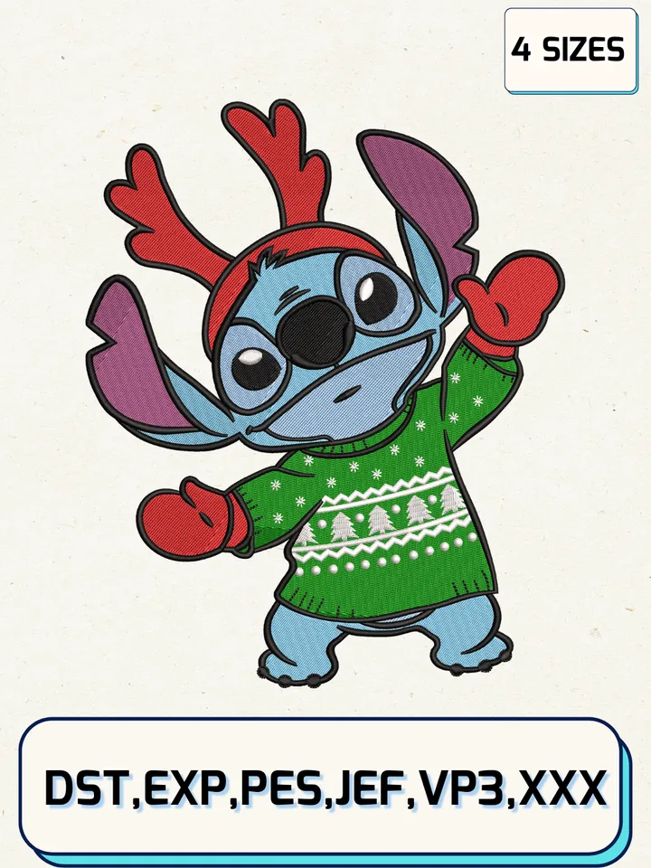 Stitch Reindeer Christmas Embroidery Design Files,Christmas Embroidery Designs,Machine Embroidery Files,4 Sizes