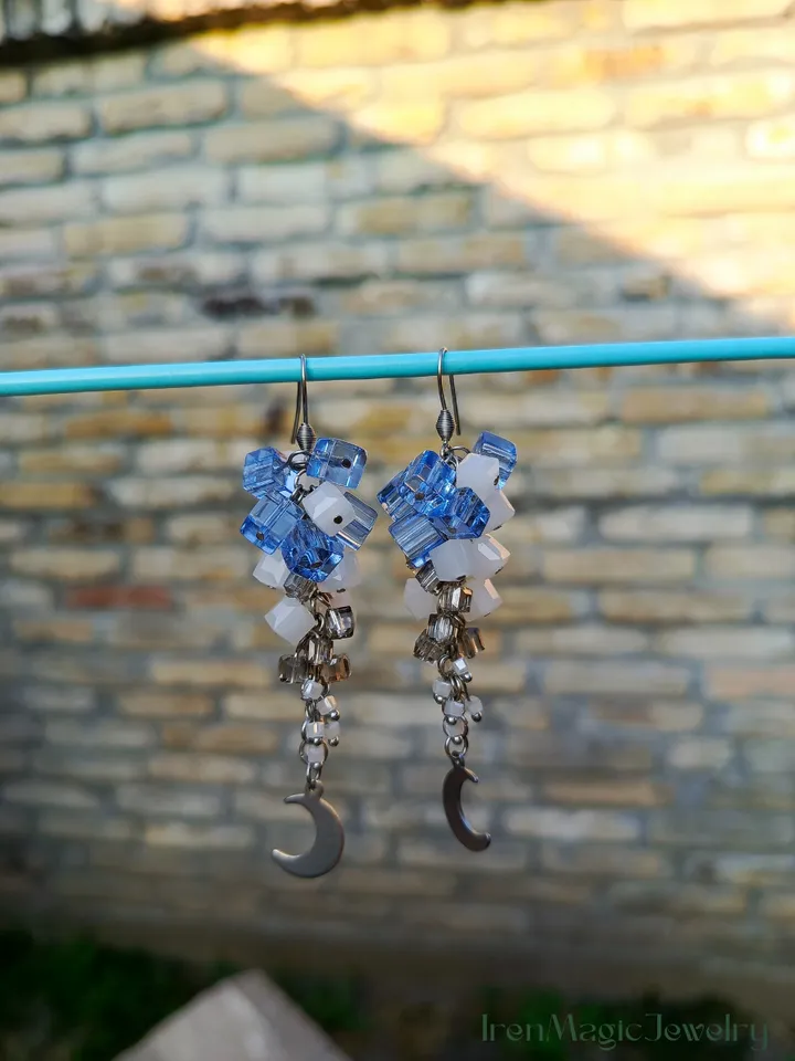 Moon Drop Cluster Earrings in Blue and White Beads