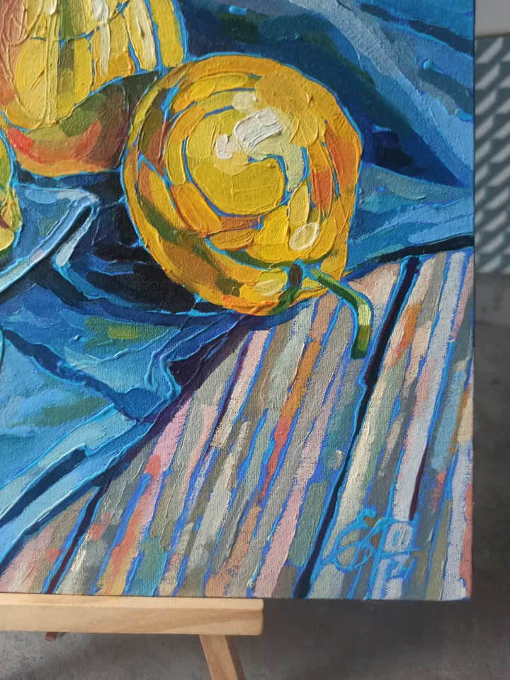 Bright still life with fruits, Pears, Original oil painting, canvas on cardboard 25x25 cm, Kitchen decor