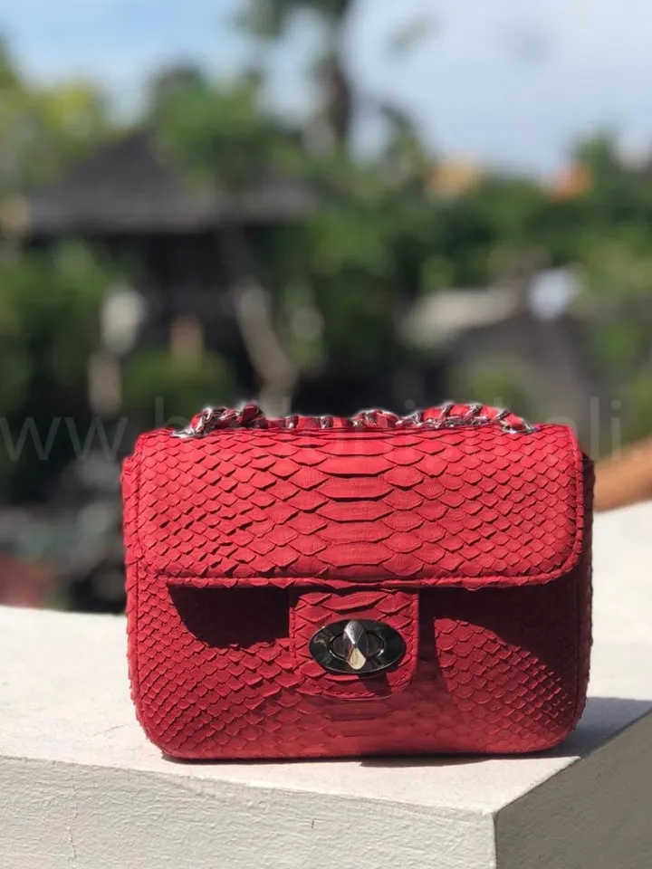 Genuine Python Skin red summer small bag| Adjustable Chain Classy Elegant Bright Classy Crossbody Small Lady Summer Purse | Gift for her