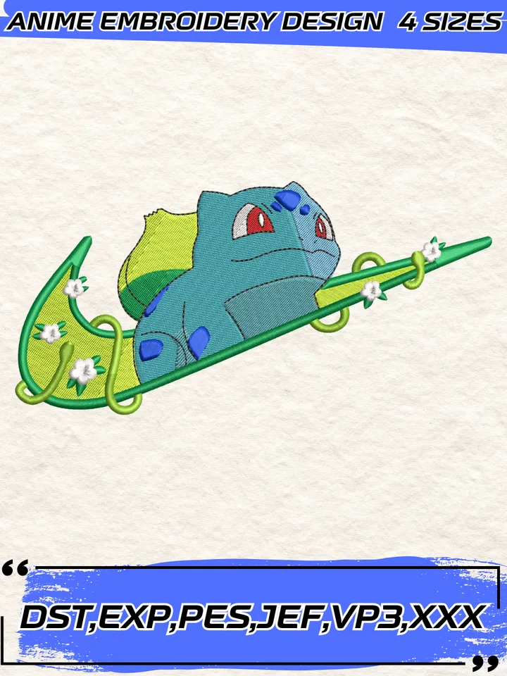 Swoosh Bulbasaur Logo Embroidery Design,Pokemon Movie Embroidery Design,Machine Embroidery Design File,4 Sizes, Instant Download
