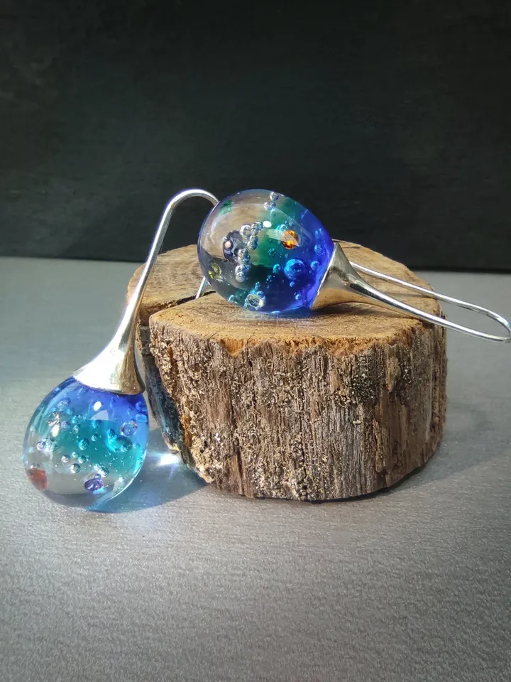 Earrings "Magic water", glass, silver