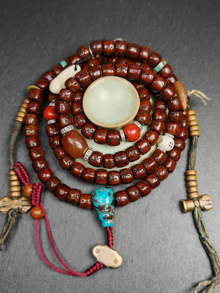 Gandhanra Authentic Tibetan Rosary,Old 8mm 108 Rudraksha Mala Necklace Prayer Beads with Unique Mix of Treasures,Spiritual Gift