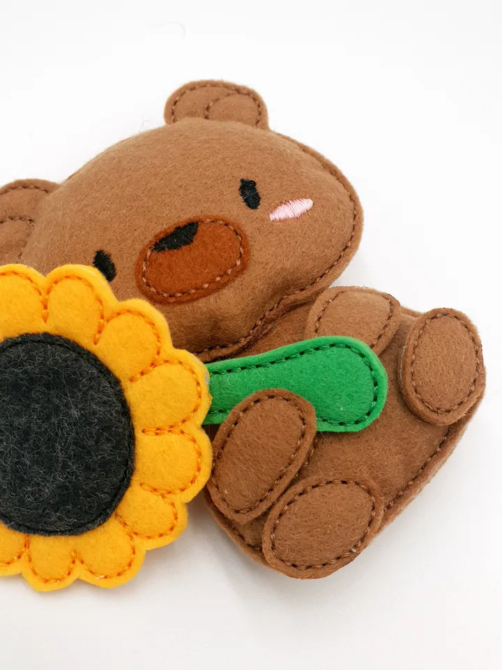 ITH Bear with Sunflower Embroidery Design, Felt Stuffed Animal Teddy & Flower Toy Pattern, 4x4 Hoop Digital File