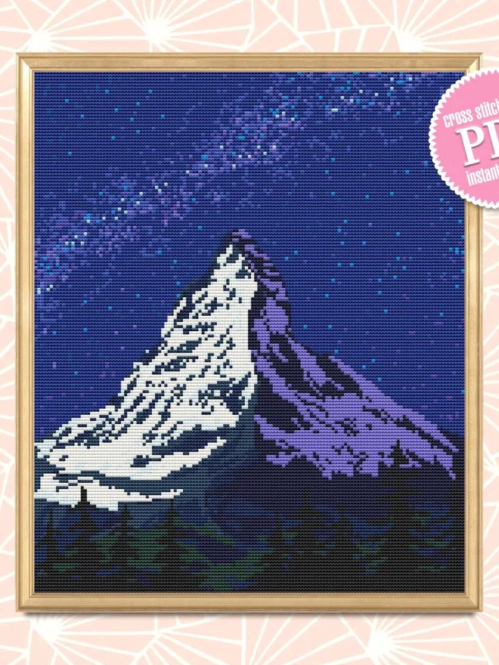 Mount Everest cross stitch pattern download PDF Mountain landscape cross stitch chart Nature beginner stitch Starry night sky digital #L32