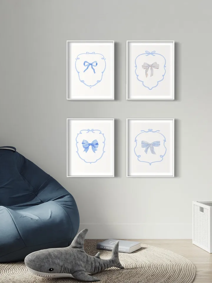 Blue Bow Set Of 4 Watercolor Painting, Nursery Wall Decor, Girls Room Decor, Boys Room Ideas, Coastal Cowgirl Art, Preppy Bow, Blue Girly