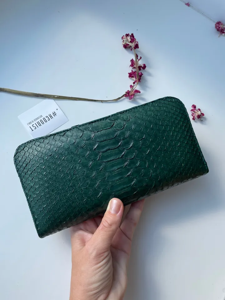 Python Wallet Dark Green | Genuine Python Skin Green Bottle Color Wallet Unissex | Calssy Elegant Python Genuine Leather Wallet Handmade New