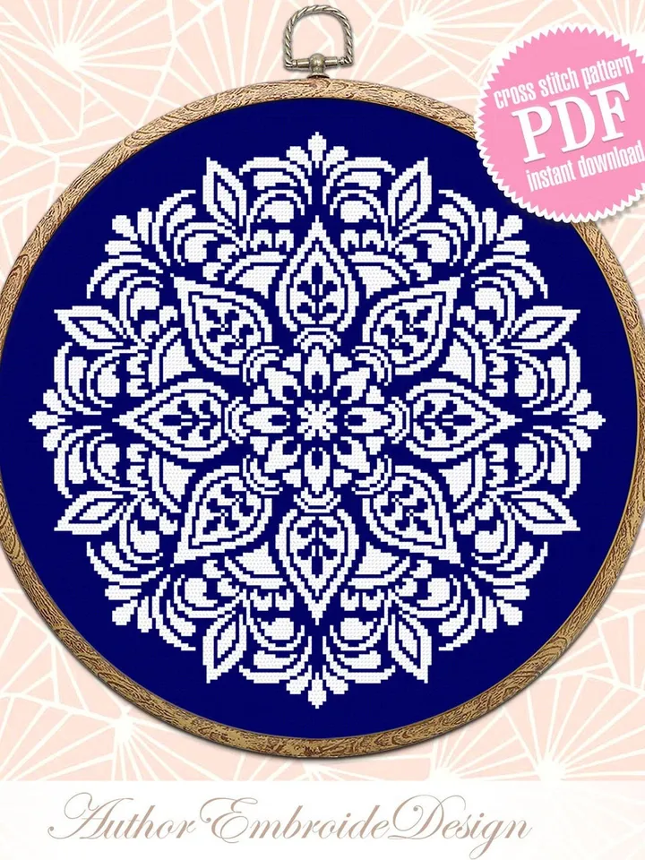 Flower mandala cross stitch pattern PDF download, Simple mandala pattern digital PDF, Monochrome cross stitch chart, Mandala ornament #M243
