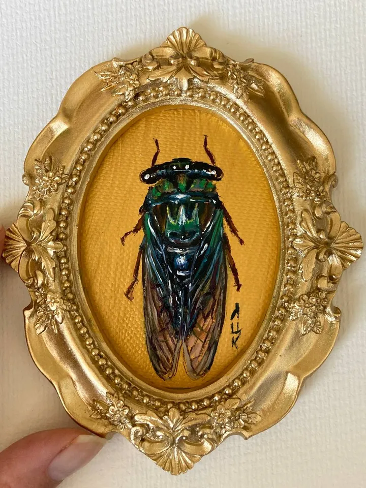 Framed Insect Oil Painting Original Entomology Art Cicada Painting Gold Frame Dark Academia