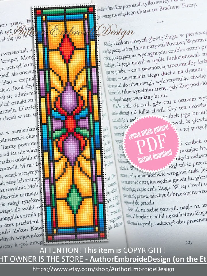 Stained glass bookmark cross stitch pattern PDF download Stained glass flower cross stitch chart, Modern bookmark pattern digital PDF #B296