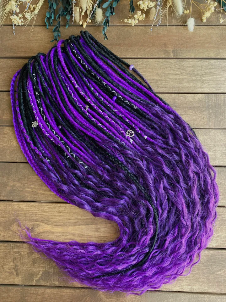Black and purple Synthetic Double Ended Dreadlocks with curly ends, Ready to ship