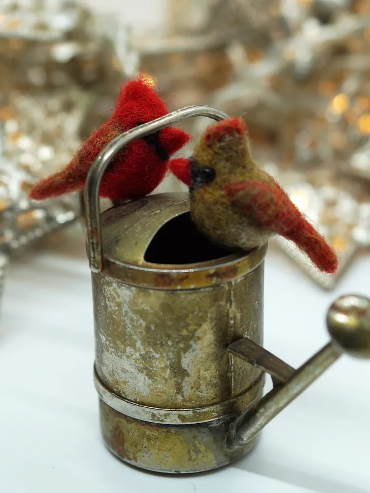 Tiny needle felted cardinal, miniature bird, female Northern cardinal, made to order