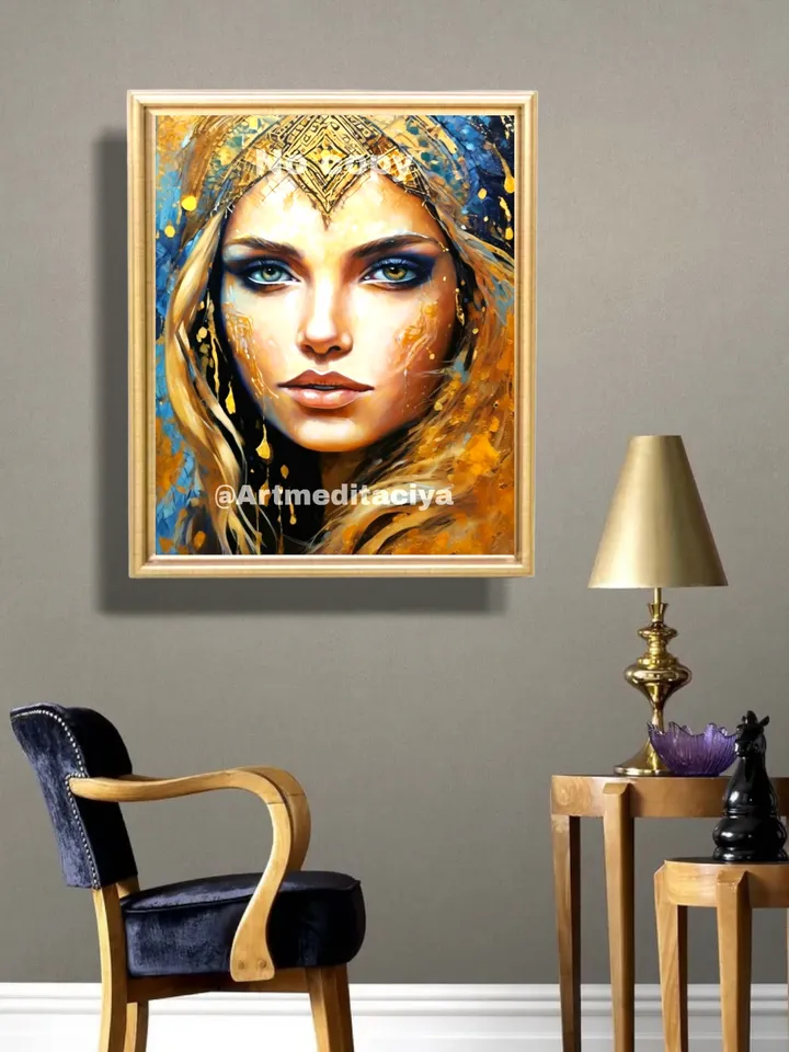 Modern digital painting "A girl of European appearance with blue-green eyes in a golden ethnic headband" on an abstract blue-blue background with golden drops, made in the style of oil painting