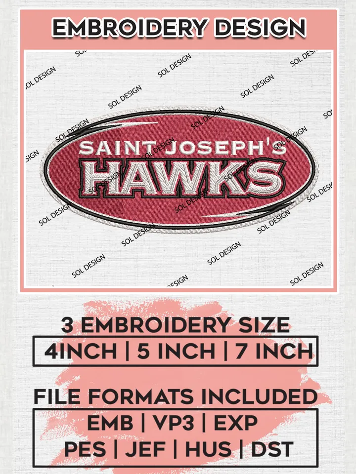 NCAA Saint Joseph's Hawks College Team Logo Embroidery Design Files, NCAA Saint Joseph's Hawks Machine Embroidery, NCAA Teams, 3 sizes, NCAA Machine embroidery designs, Digital Download
