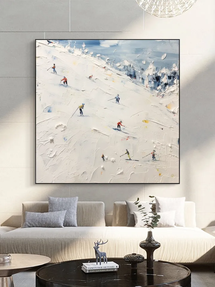 Original Painting on Canvas, Ski Sport Oil Painting, Snow Scene Painting, Large Wall Art, Custom Painting, Home Decor, Living room Wall Art