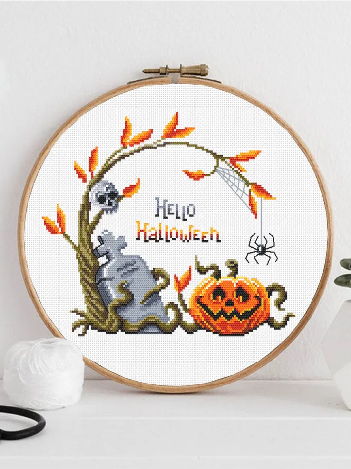 Hello Halloween cross stitch pattern download PDF Pumpkin cross stitch chart, Spooky Halloween pattern digital PDF Fall beginner stitch #H48